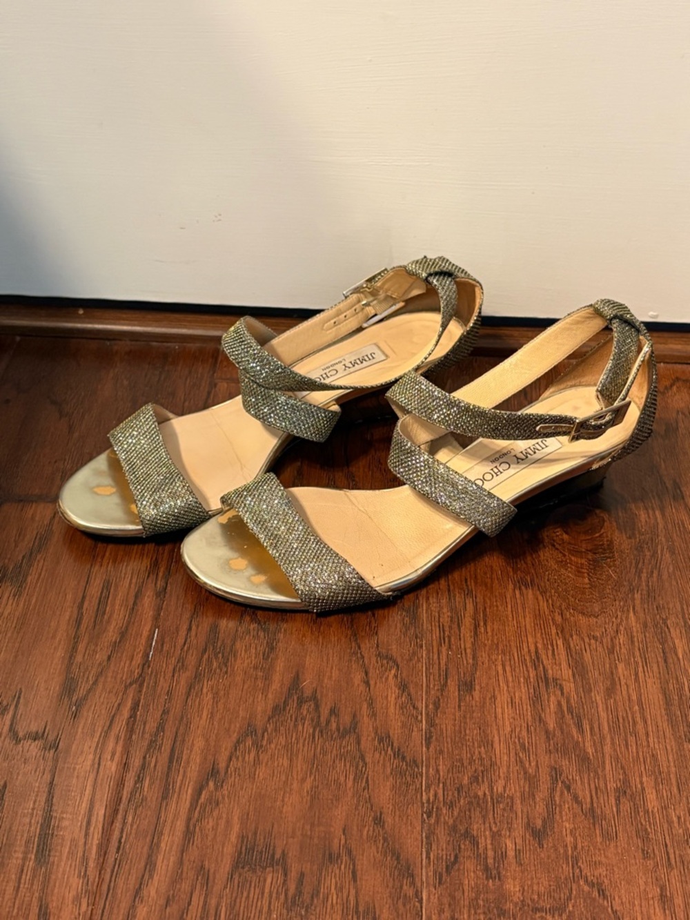 Jimmy Choo Metallic Gold Strappy Low Wedge Sandals